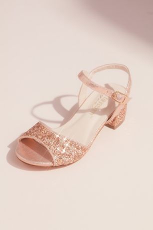 Blossom Pink;White Flowergirl Shoes (Girls Glitter Peep Toe Sandals with Block Heel)